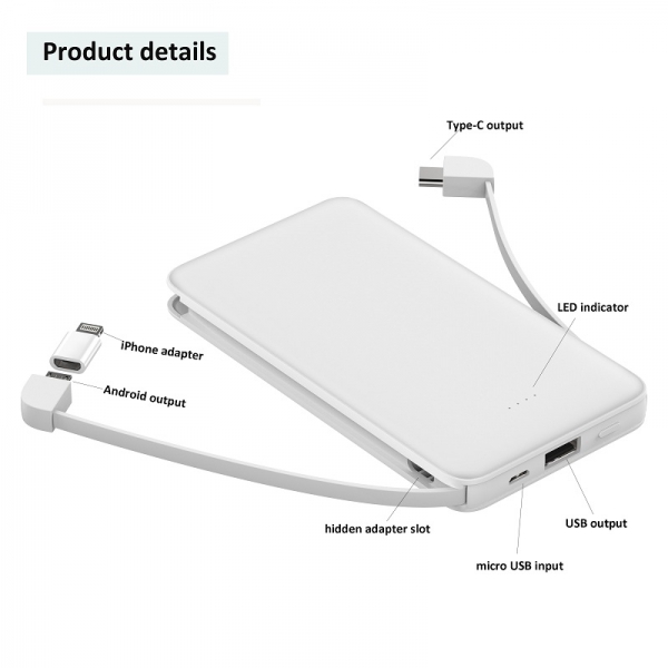 Power bank ONTARIO with built-in cables 10000mAh