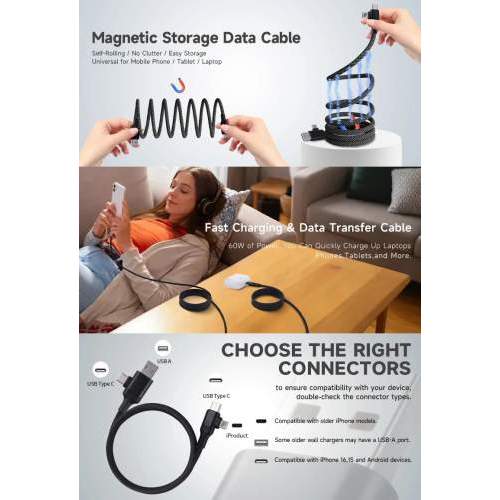 4-in-1 magnetic USB cable 60W VOLT with data transfer and Your logo