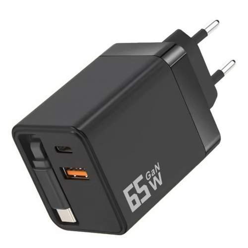 GaN wall charger 65W USB A+C with built-in cable CARRARA