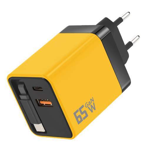GaN wall charger 65W USB A+C with built-in cable CARRARA