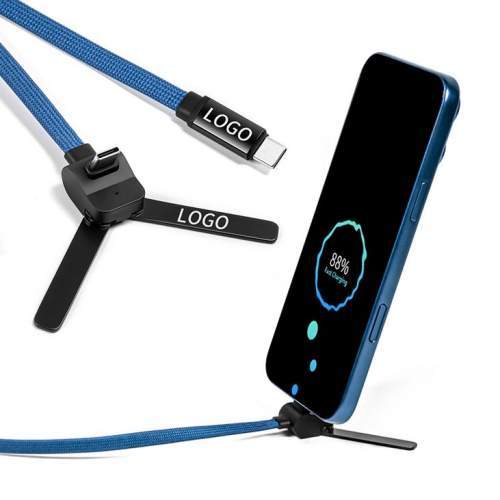 Reklamowy kabel USB-C 2w1 ze składaną podstawką na telefon 60W MONTREAL z logo