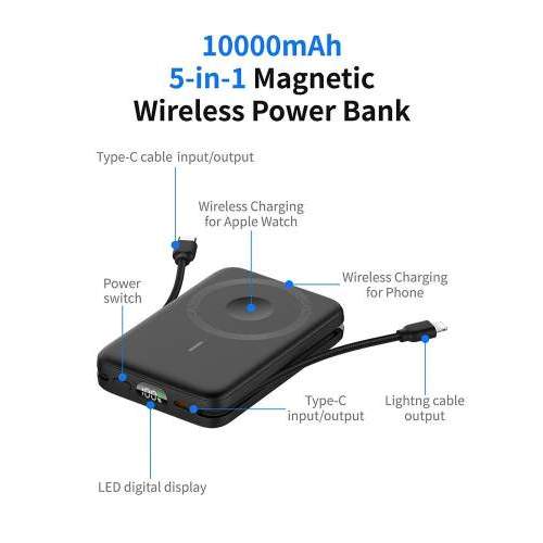 Magnetyczny Power Bank z kablami i wyświetlaczem ARON z Twoim logo 10000mAh