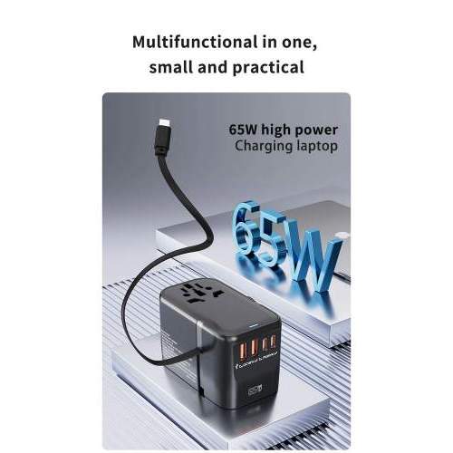 Promotional travel adapter GaN with built-in cable 65W NOVA