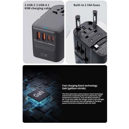 Promotional travel adapter GaN with built-in cable 65W NOVA