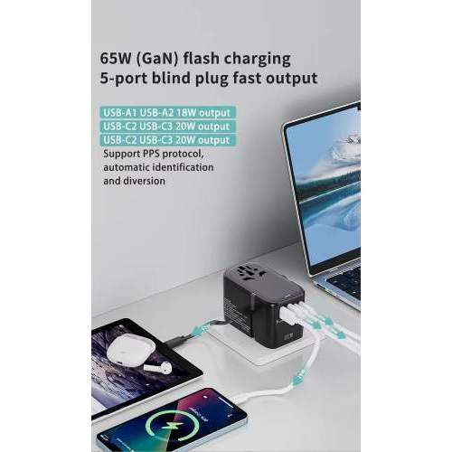 Promotional travel adapter GaN with built-in cable 65W NOVA