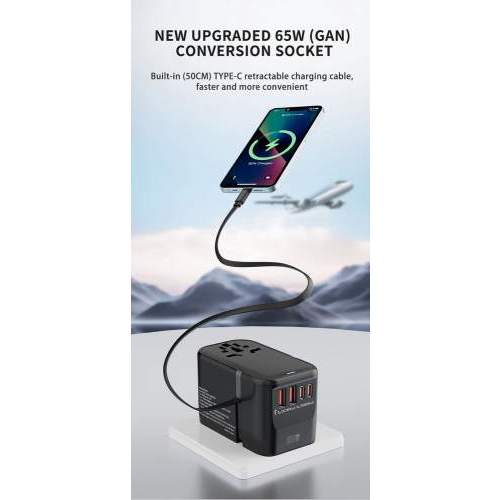 Promotional travel adapter GaN with built-in cable 65W NOVA