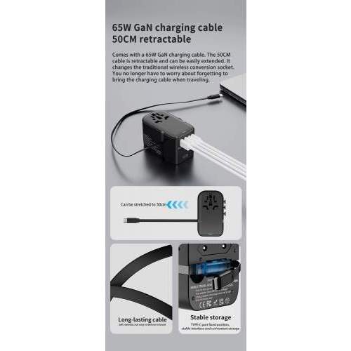 Promotional travel adapter GaN with built-in cable 65W NOVA
