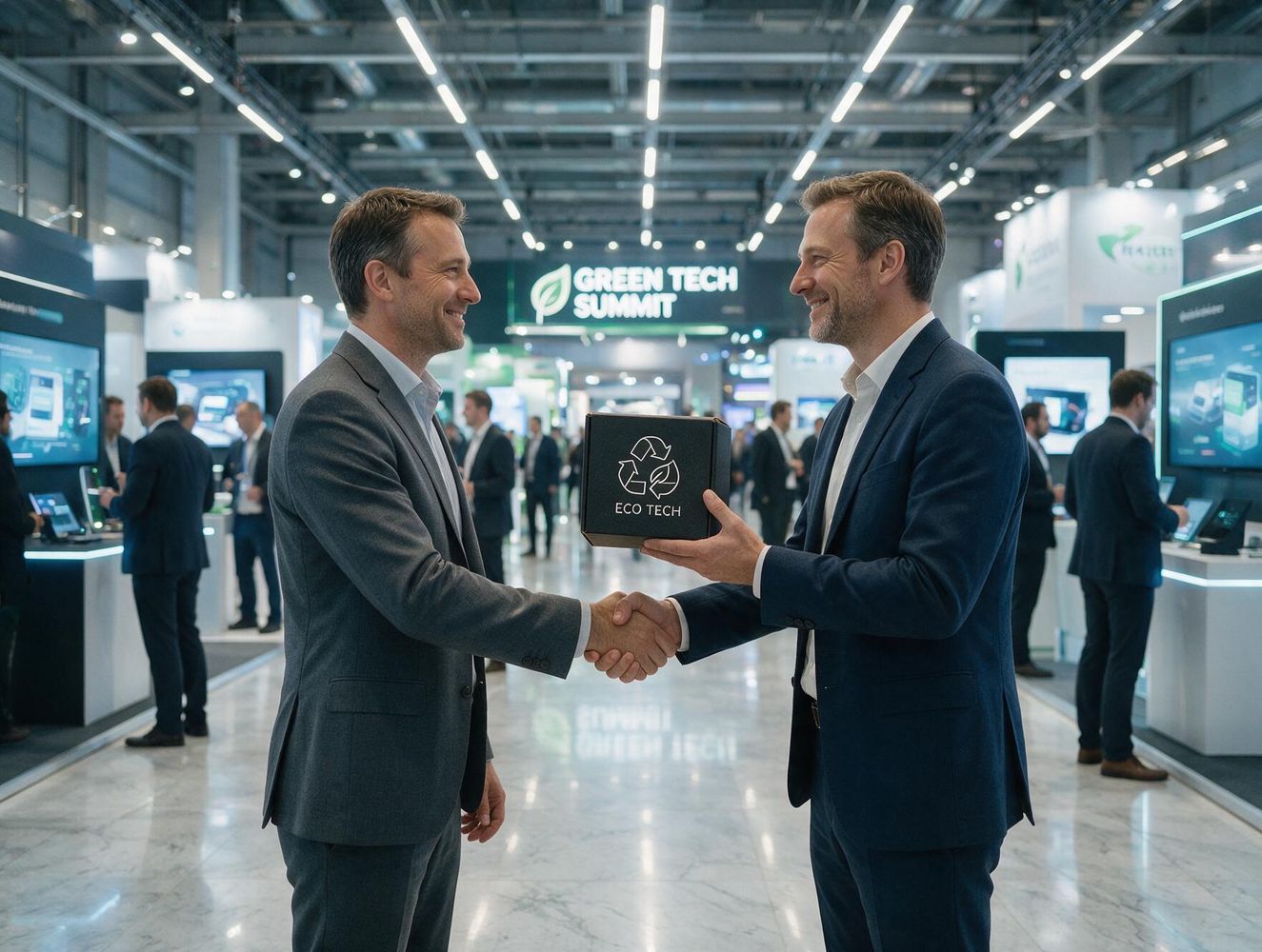 Rozmowa biznesowa na targach i wręczanie gadżetów elektronicznych premium