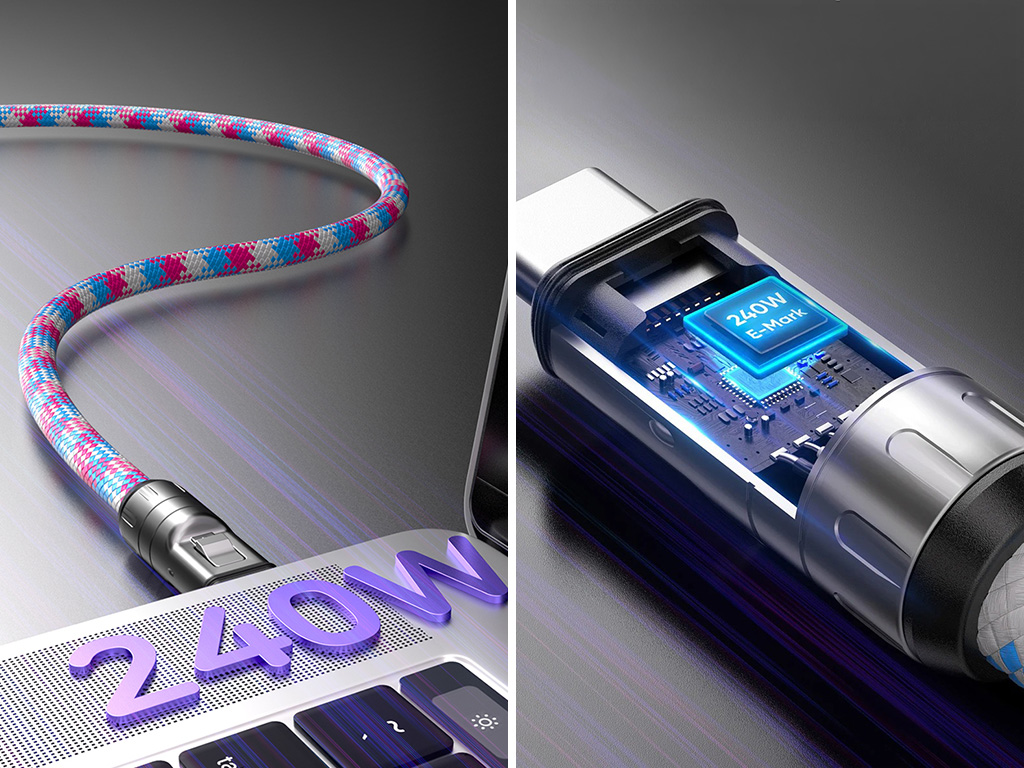 Kabel USB-C o mocy 240W w kolorowym oplocie podłączony do laptopa, ze schematem przekroju wtyczki ukazującym wbudowany chip E-Mark 240W.