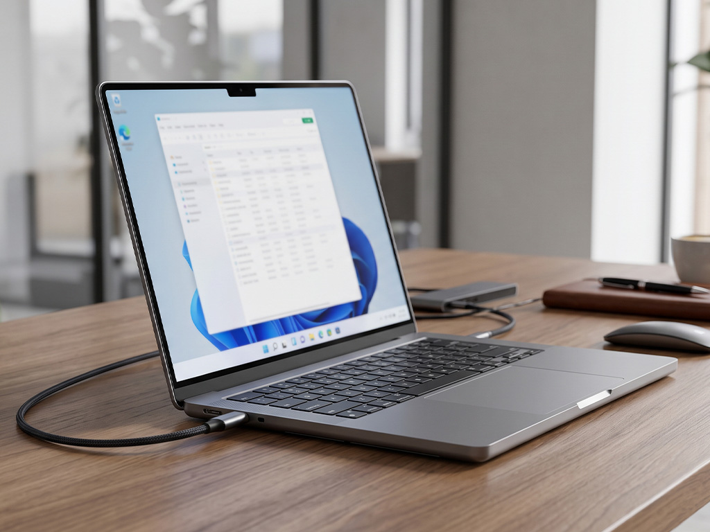 Szybki kabel USB-C podłączony do laptopa na biurku w nowoczesnym biurze